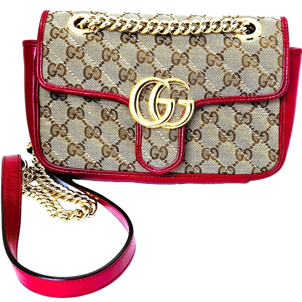 GUCCI Monogram GG Marmont Matelasse Brown Canvas Red Crossbody Handbag AUTHENTIC